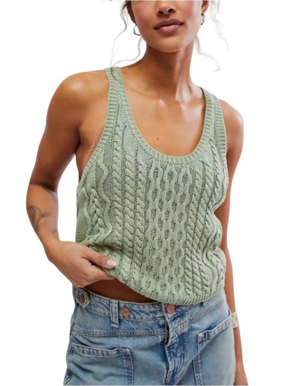 Free People - High Tide Cable Knit Tank Top In Green Tea
